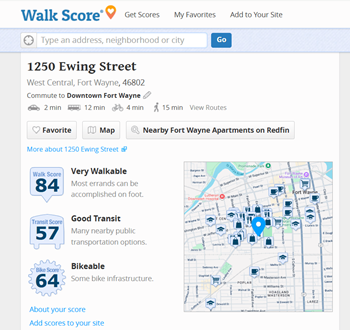 A map of a city with a blue marker on it.